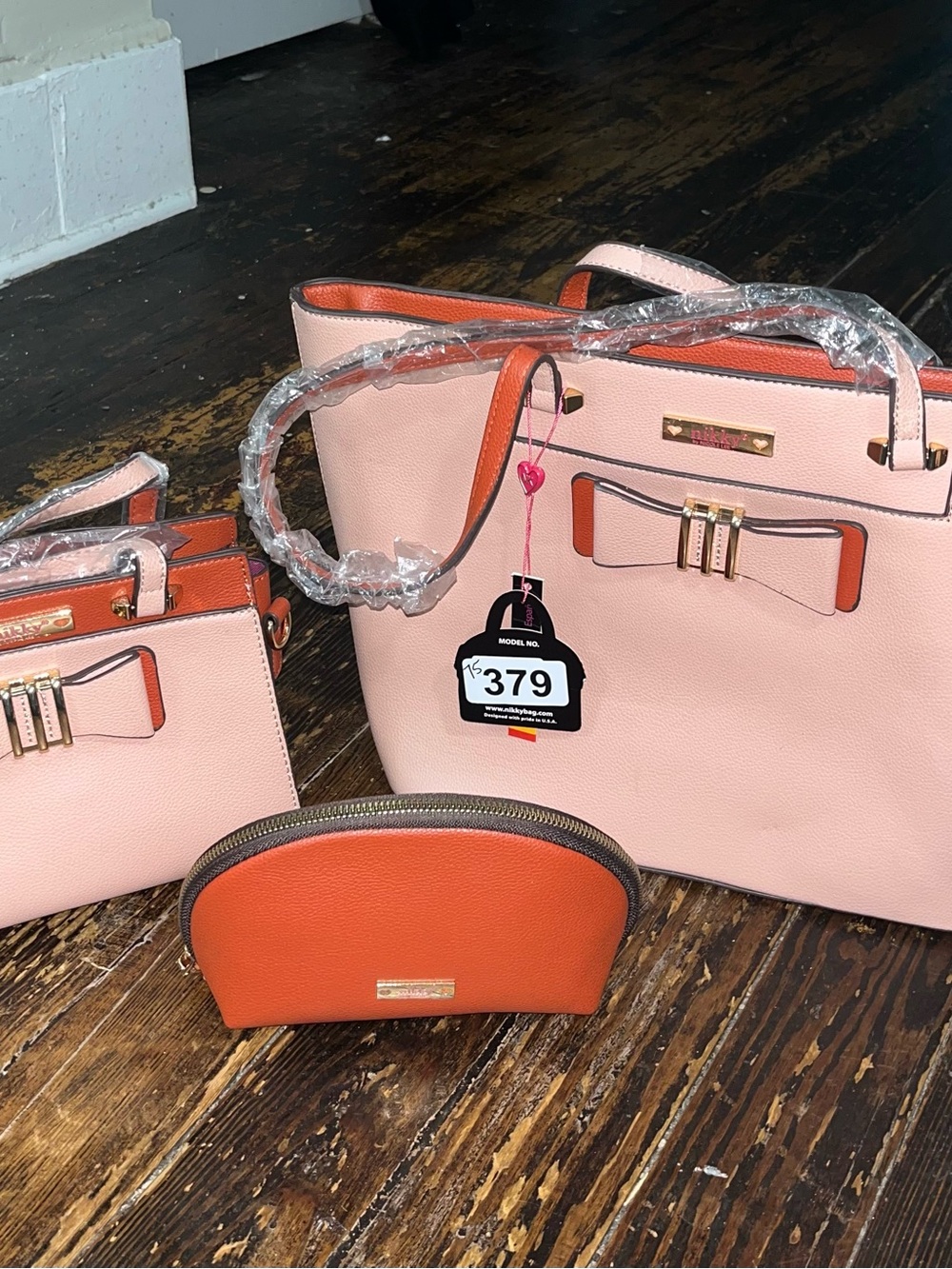 Nicole Lee Pink and Orange Bow Accent Tote with Matching Crossbody & Pouch